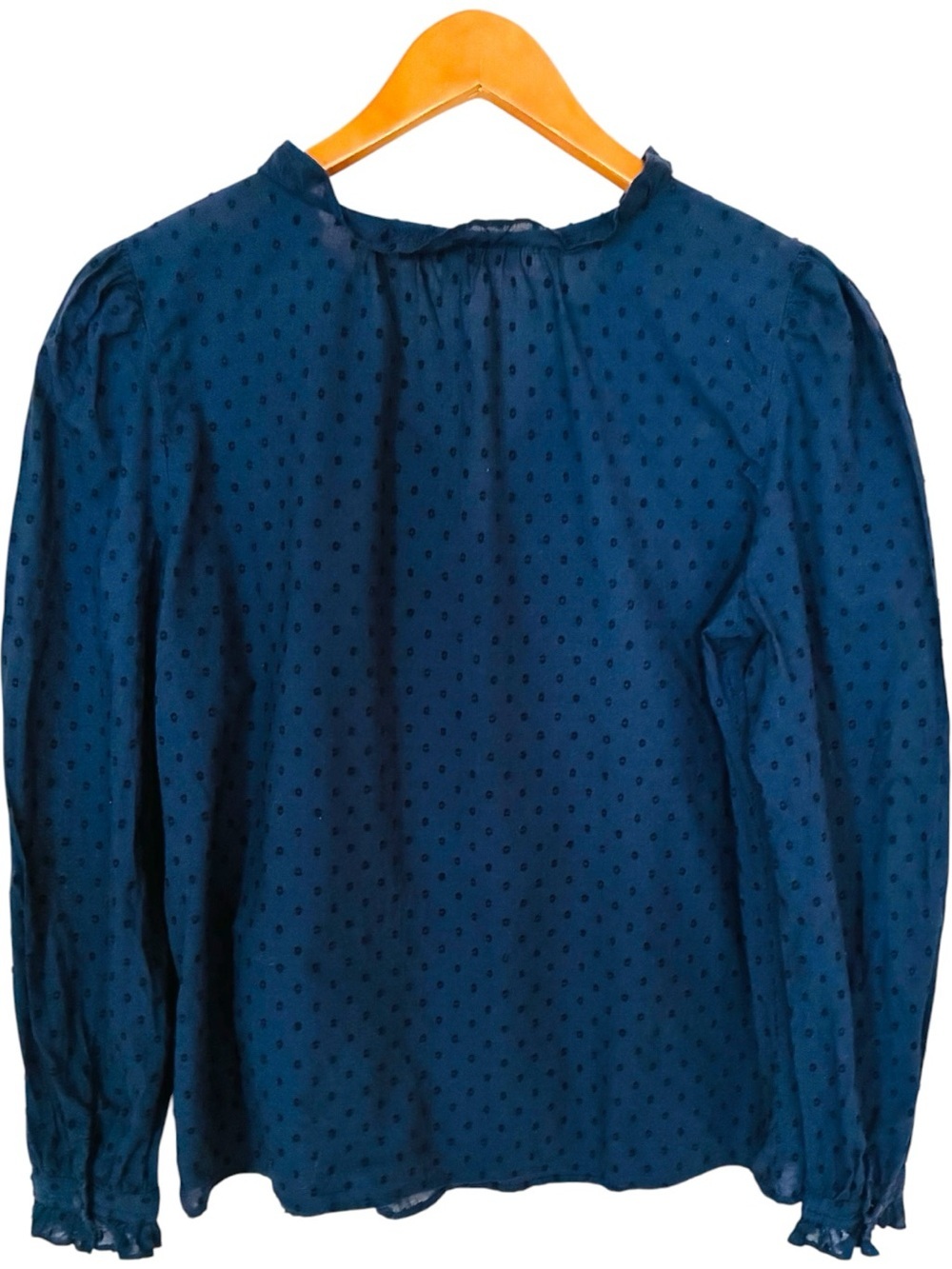Ann Taylor LOFT Sz SMALL Navy Swiss Dot V-Neck Ruffle Trim Babydoll Blouse Top - Picture 10 of 11